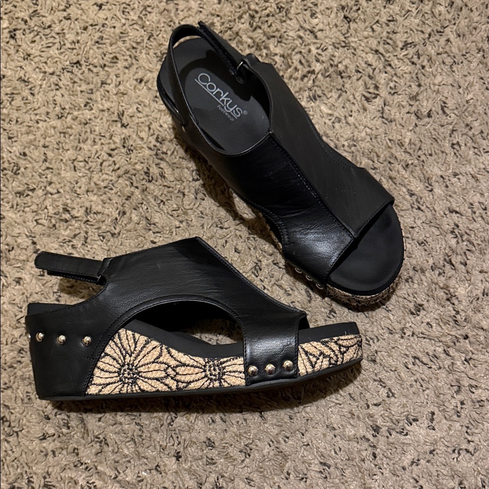 Corkys Black and Tan Wedge Sandals
